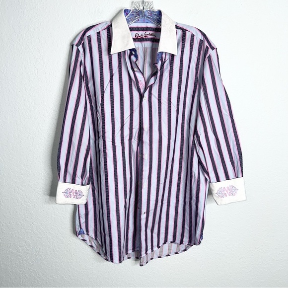 Robert Graham Shirt Mens 43 17 XL Blue Pink Striped Flip Cuff Button Up - Picture 1 of 9